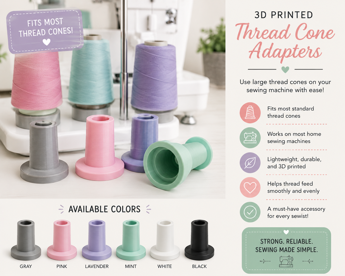 3D printed sewing thread cone adapters (random color)